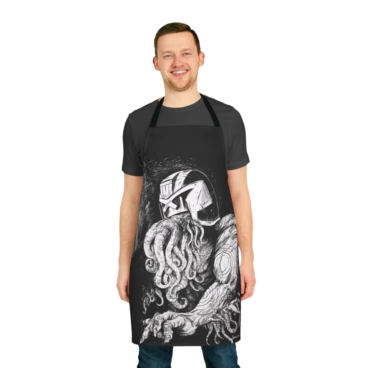 Stylish apron featuring a Judge Dredd and Cthulhu inspired design