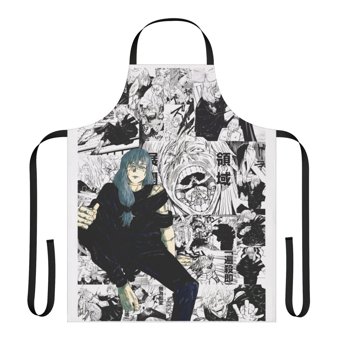Stylish black and white apron featuring the character Mahito from the anime/manga Jujutsu Kaisen