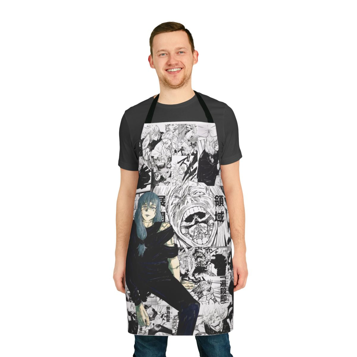 Stylish black and white apron featuring the character Mahito from the anime/manga Jujutsu Kaisen