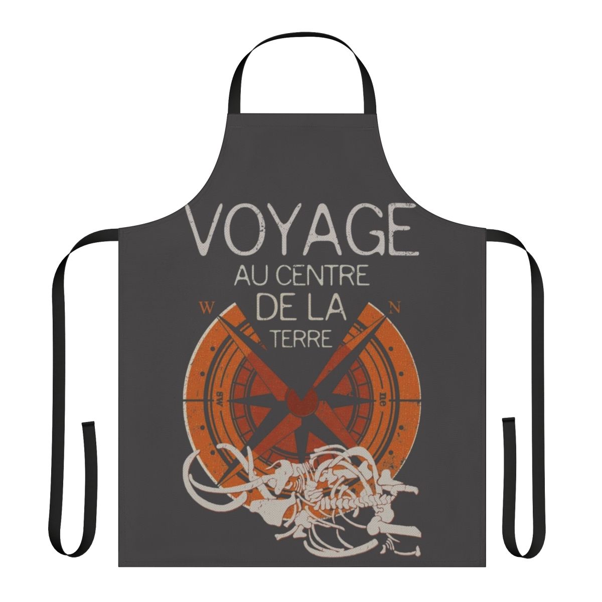 An apron featuring a collage of classic Jules Verne book covers, perfect for fans of literature.