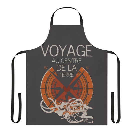 An apron featuring a collage of classic Jules Verne book covers, perfect for fans of literature.