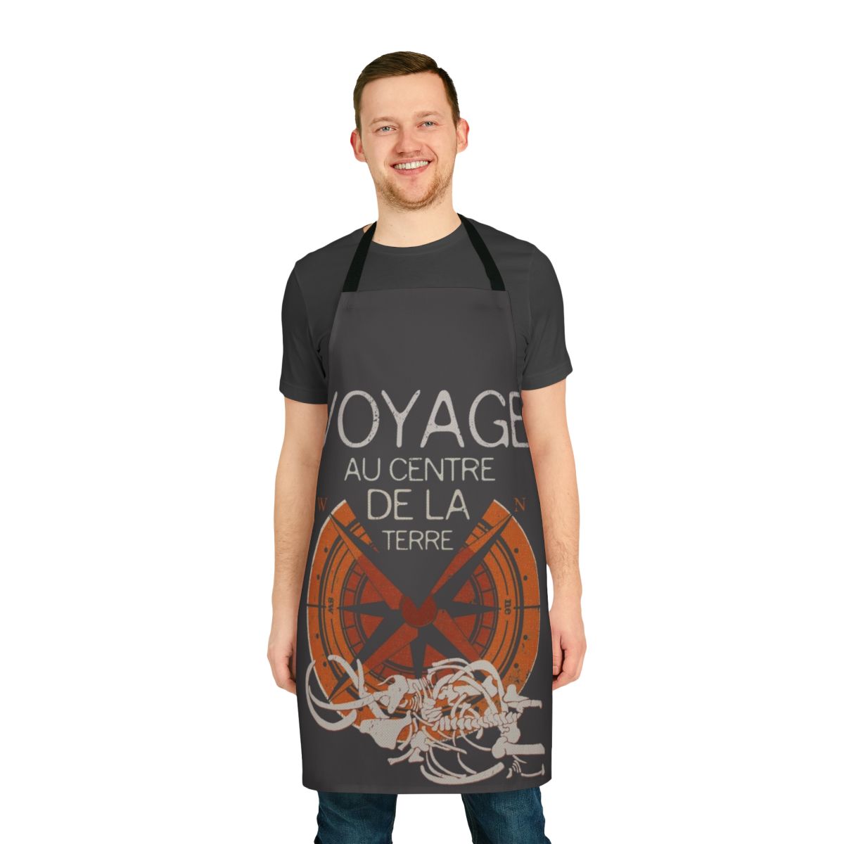 An apron featuring a collage of classic Jules Verne book covers, perfect for fans of literature.