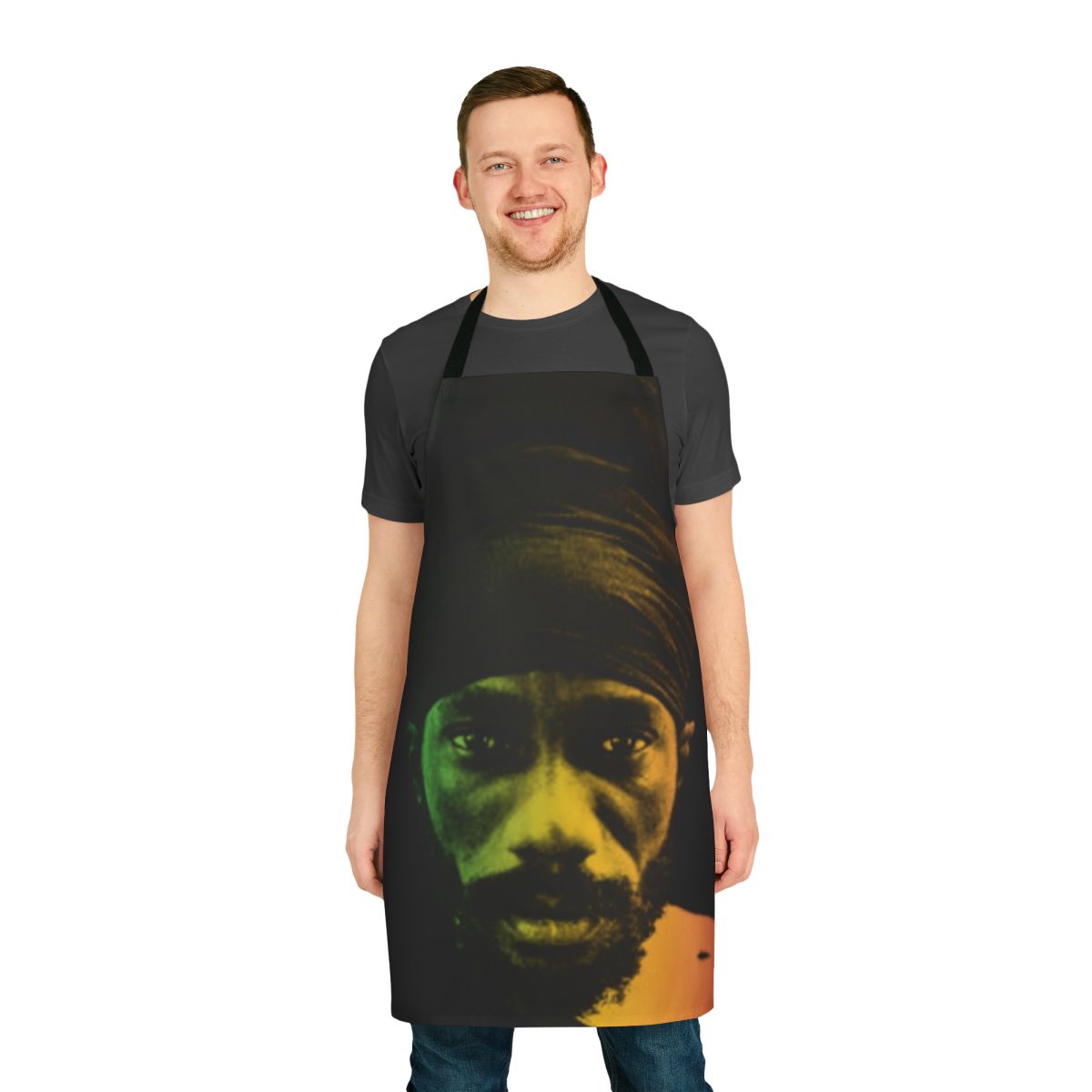 Kalonji-inspired apron in reggae, rastafarian, and bobo shanti styles
