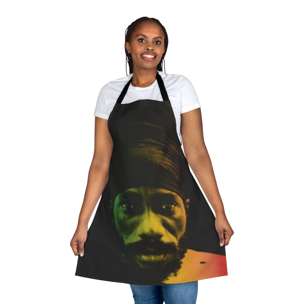 Kalonji-inspired apron in reggae, rastafarian, and bobo shanti styles