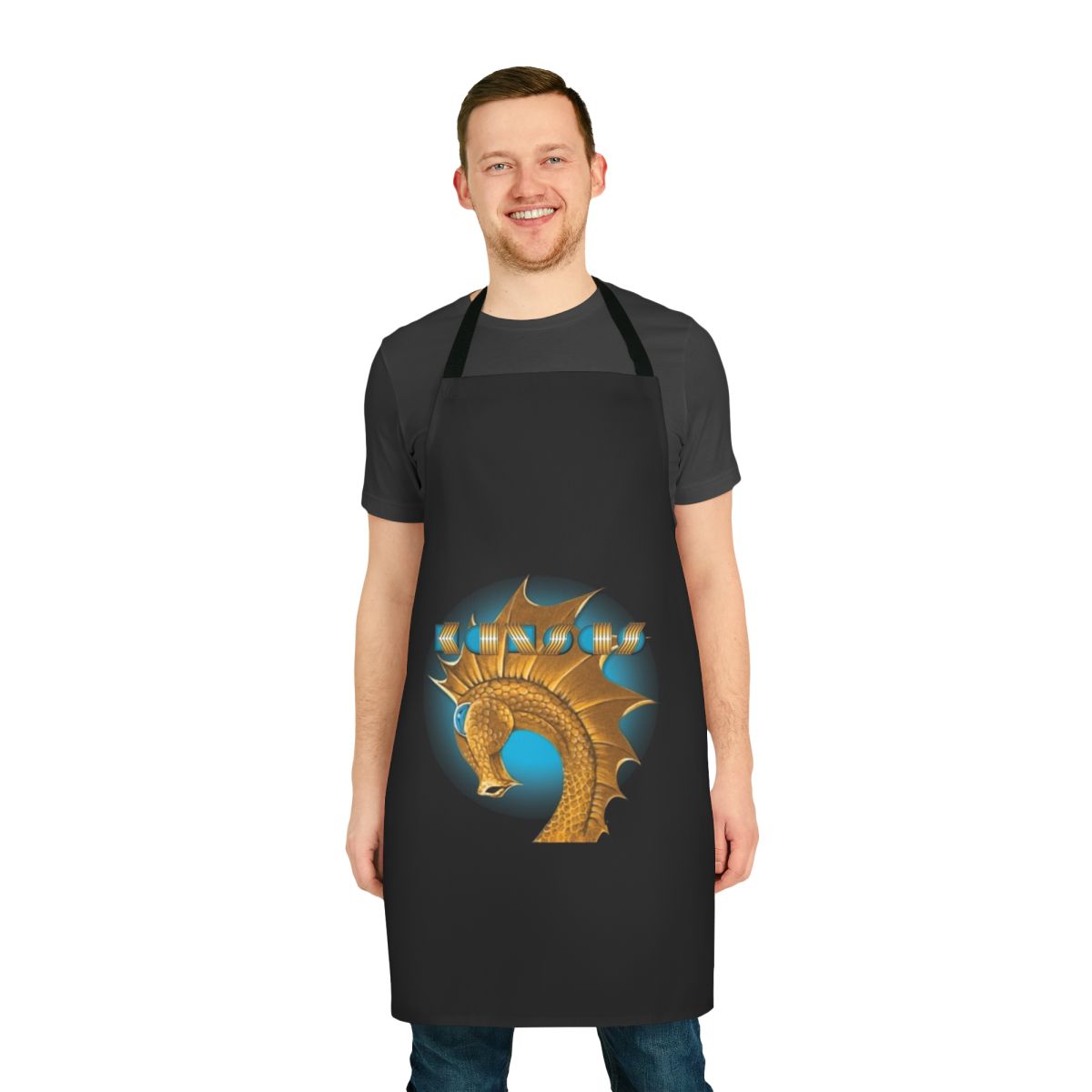 Kansas logo-inspired apron featuring metal-themed design