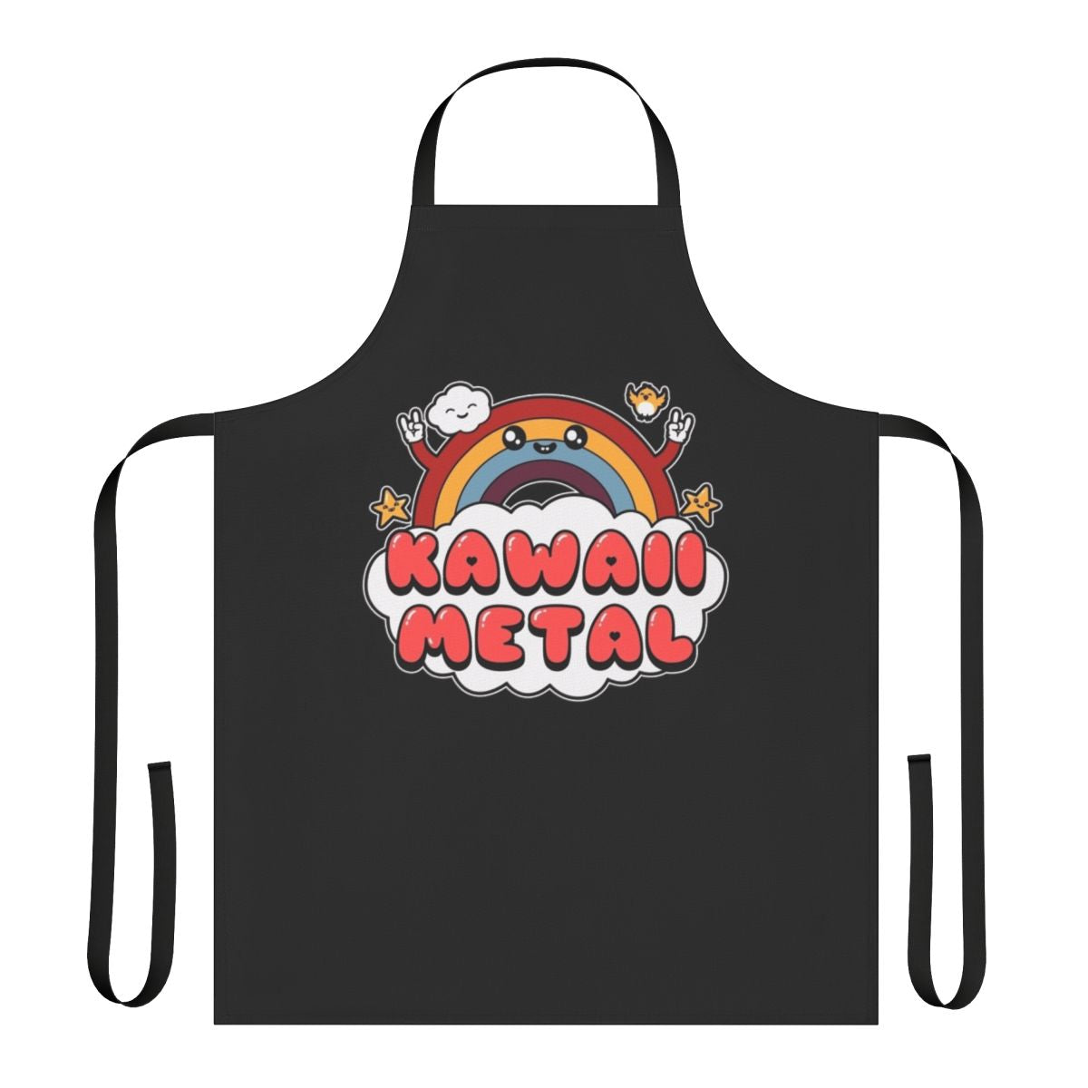 Kawaii metal-themed apron with cute bird and cloud print design