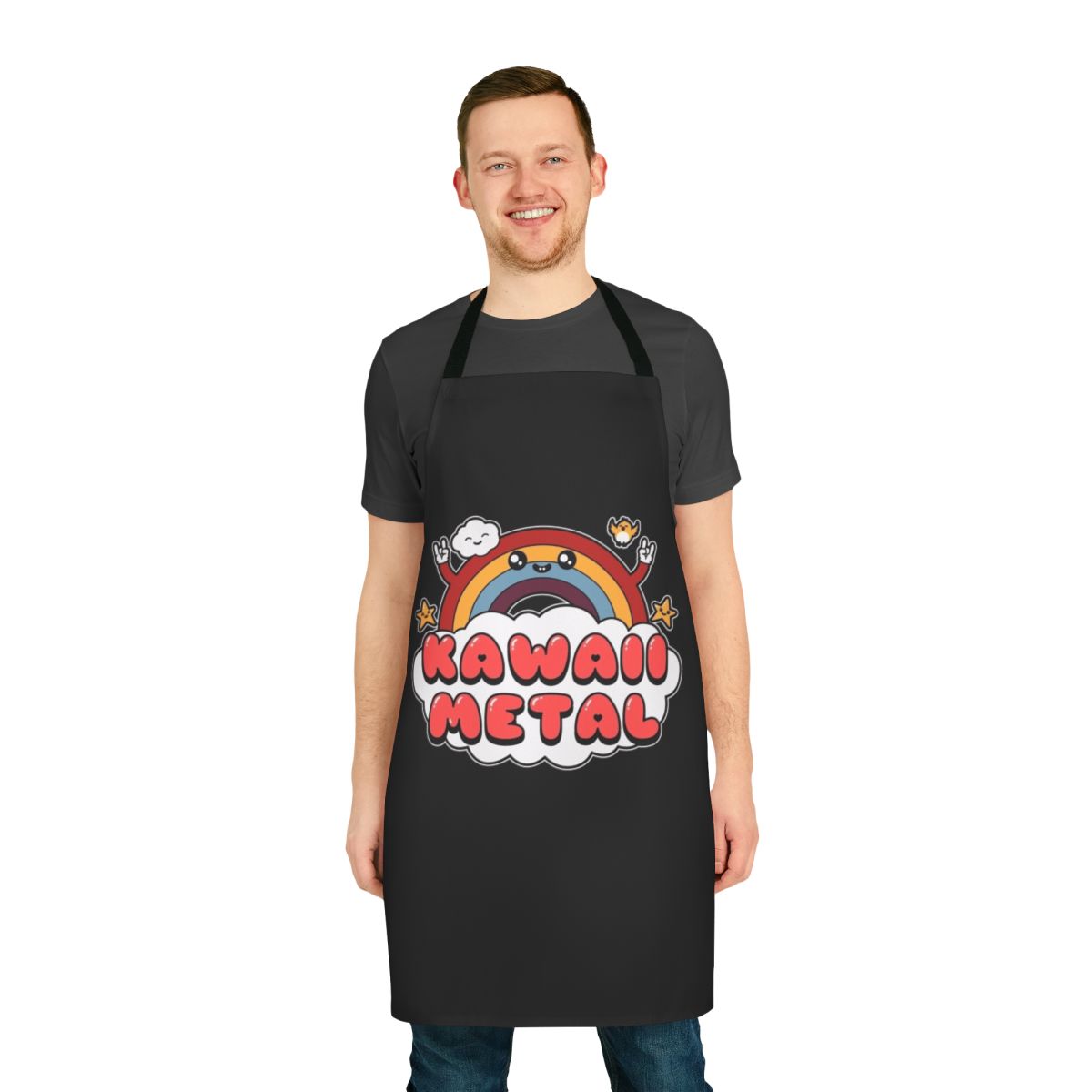 Kawaii metal-themed apron with cute bird and cloud print design