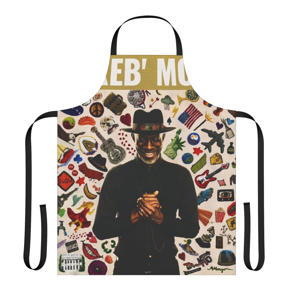 Keb Mo inspired apron featuring the artist's name and a music-themed design