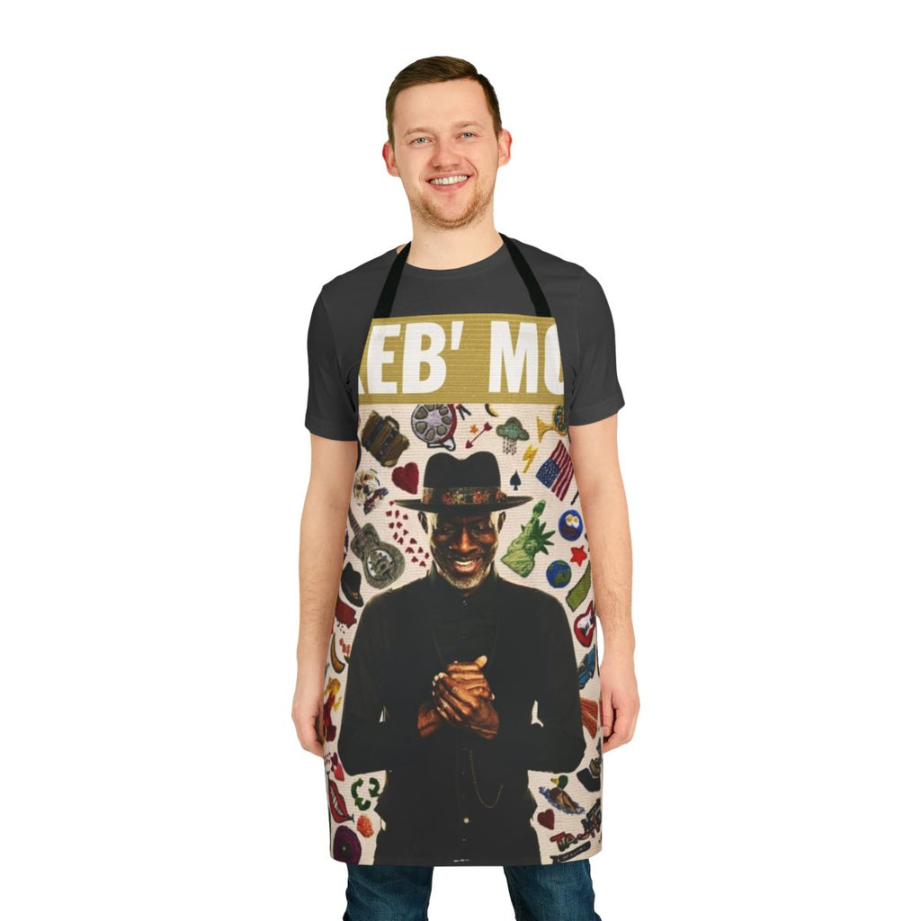 Keb Mo inspired apron featuring the artist's name and a music-themed design