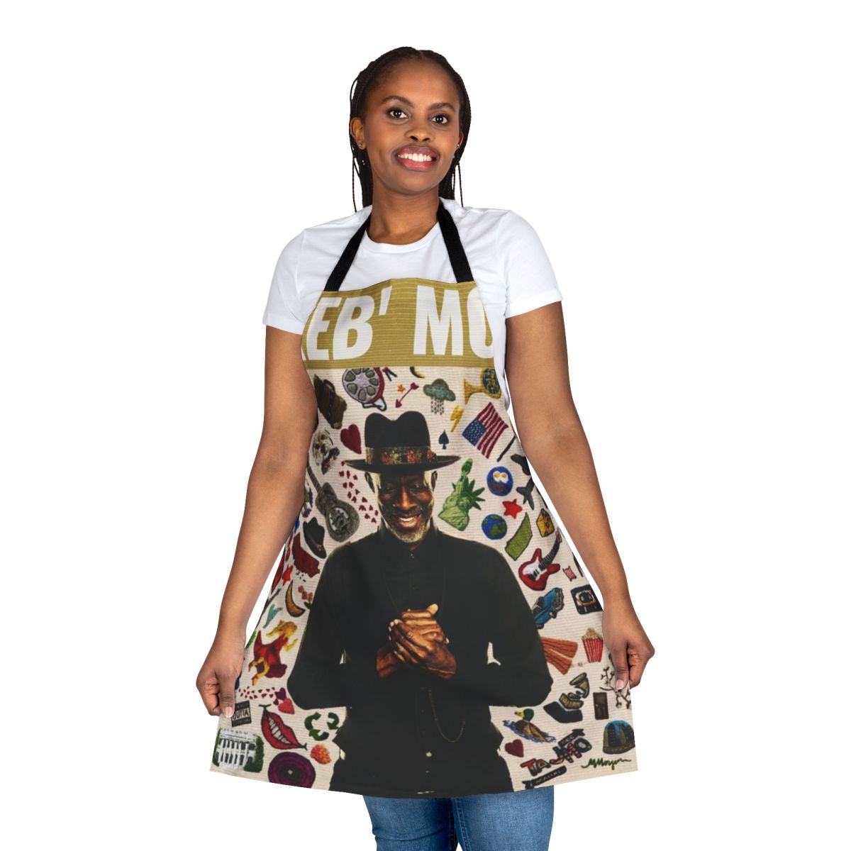 Keb Mo inspired apron featuring the artist's name and a music-themed design