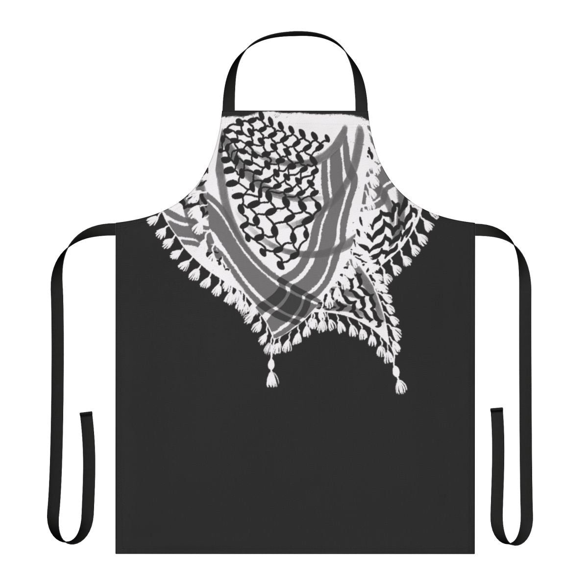Apron featuring a keffiyeh-style neck scarf illustration in black and white with waves and tassels.