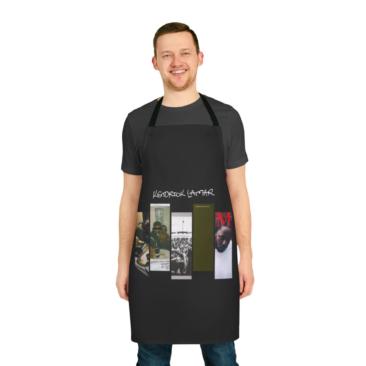 Kendrick Lamar-inspired apron featuring the rapper's discography
