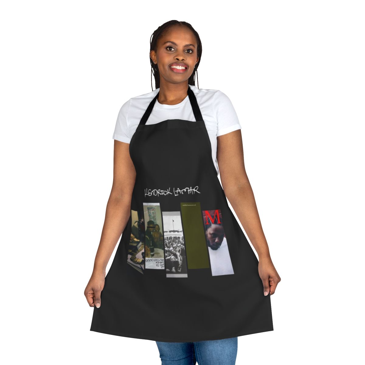 Kendrick Lamar-inspired apron featuring the rapper's discography
