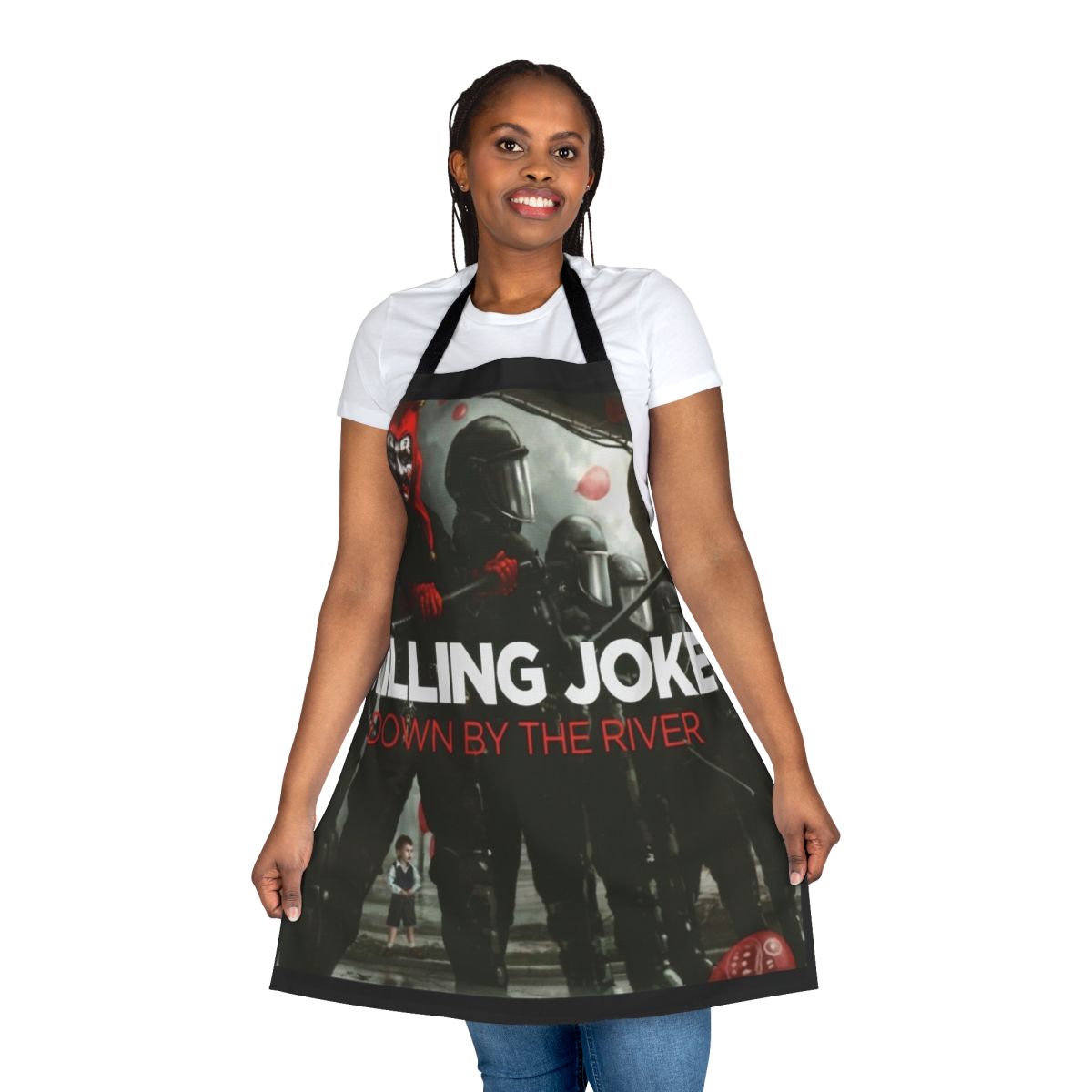 Killing Joke inspired apron with the band's iconic logo and horror-themed design