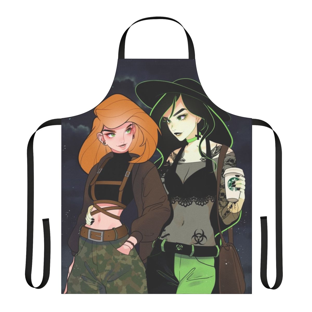 A stylish and durable apron featuring the iconic Kim Possible character, Shego, in a sleek black and green design.