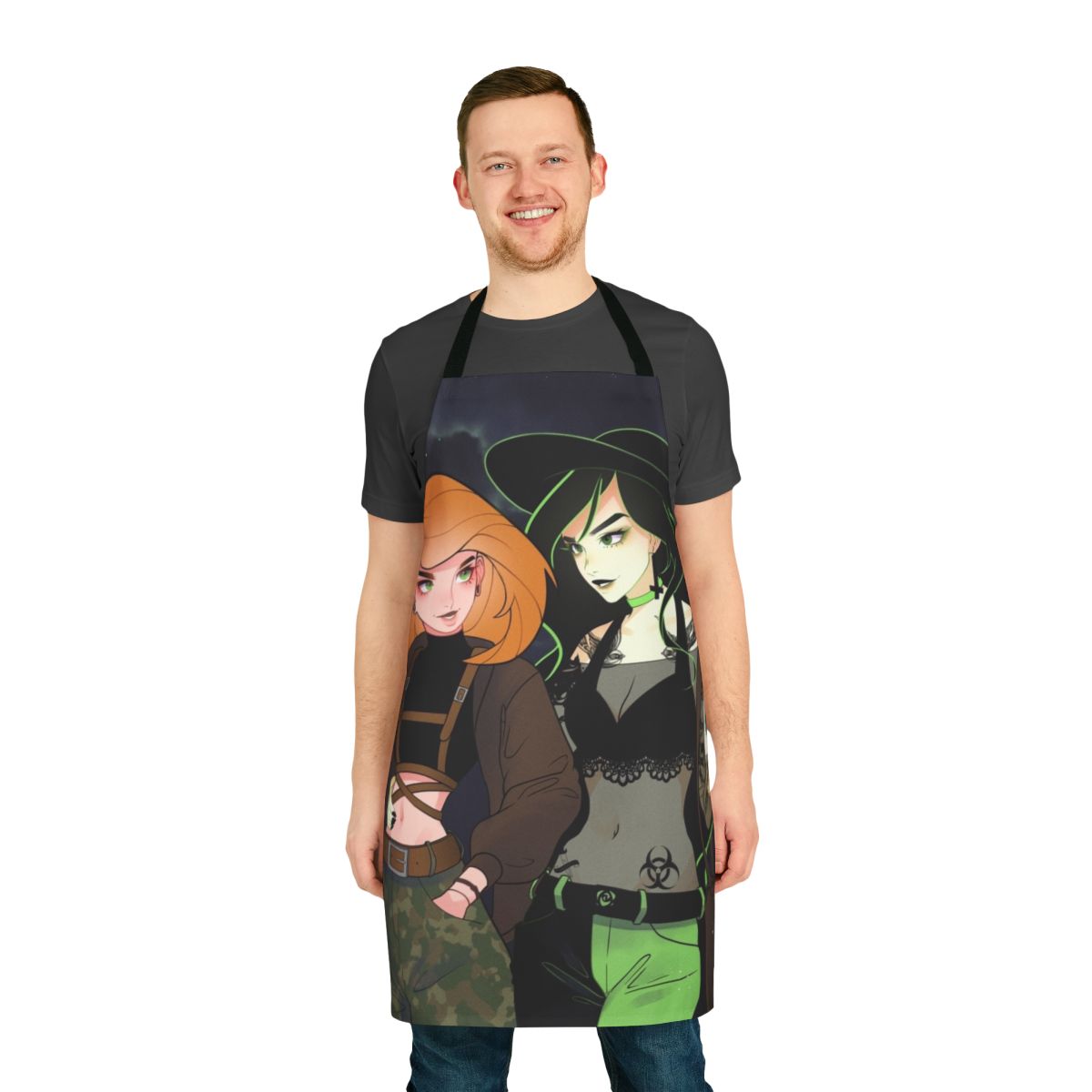 A stylish and durable apron featuring the iconic Kim Possible character, Shego, in a sleek black and green design.