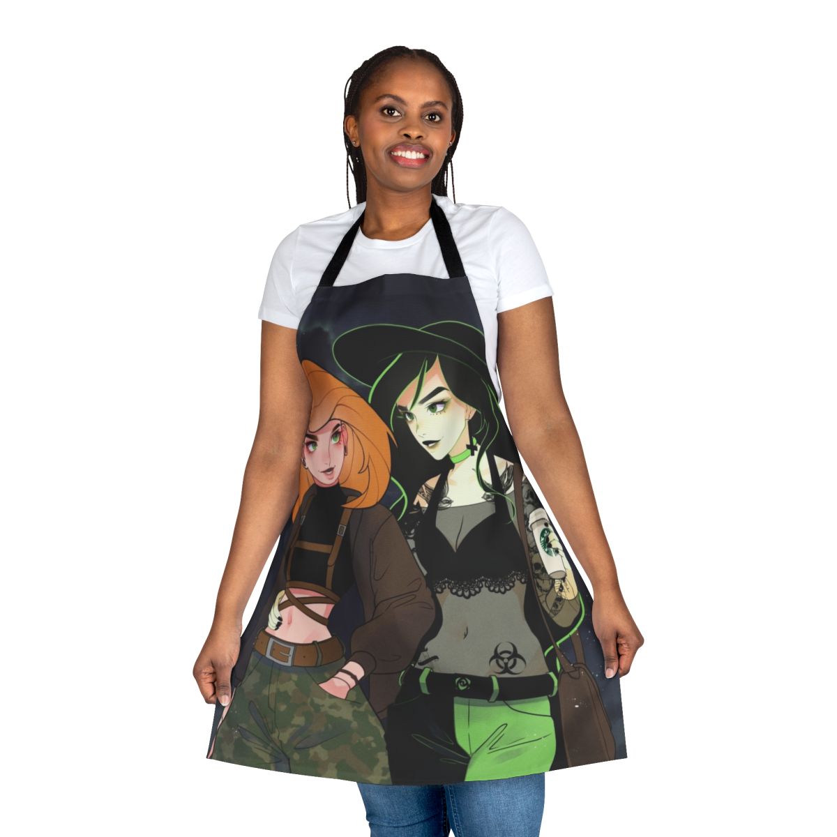 A stylish and durable apron featuring the iconic Kim Possible character, Shego, in a sleek black and green design.