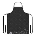 A white apron with a colorful Kingdom Hearts inspired pattern design featuring characters like Sora, Goofy, and Donald.