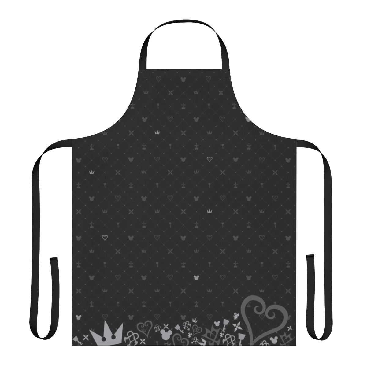A white apron with a colorful Kingdom Hearts inspired pattern design featuring characters like Sora, Goofy, and Donald.