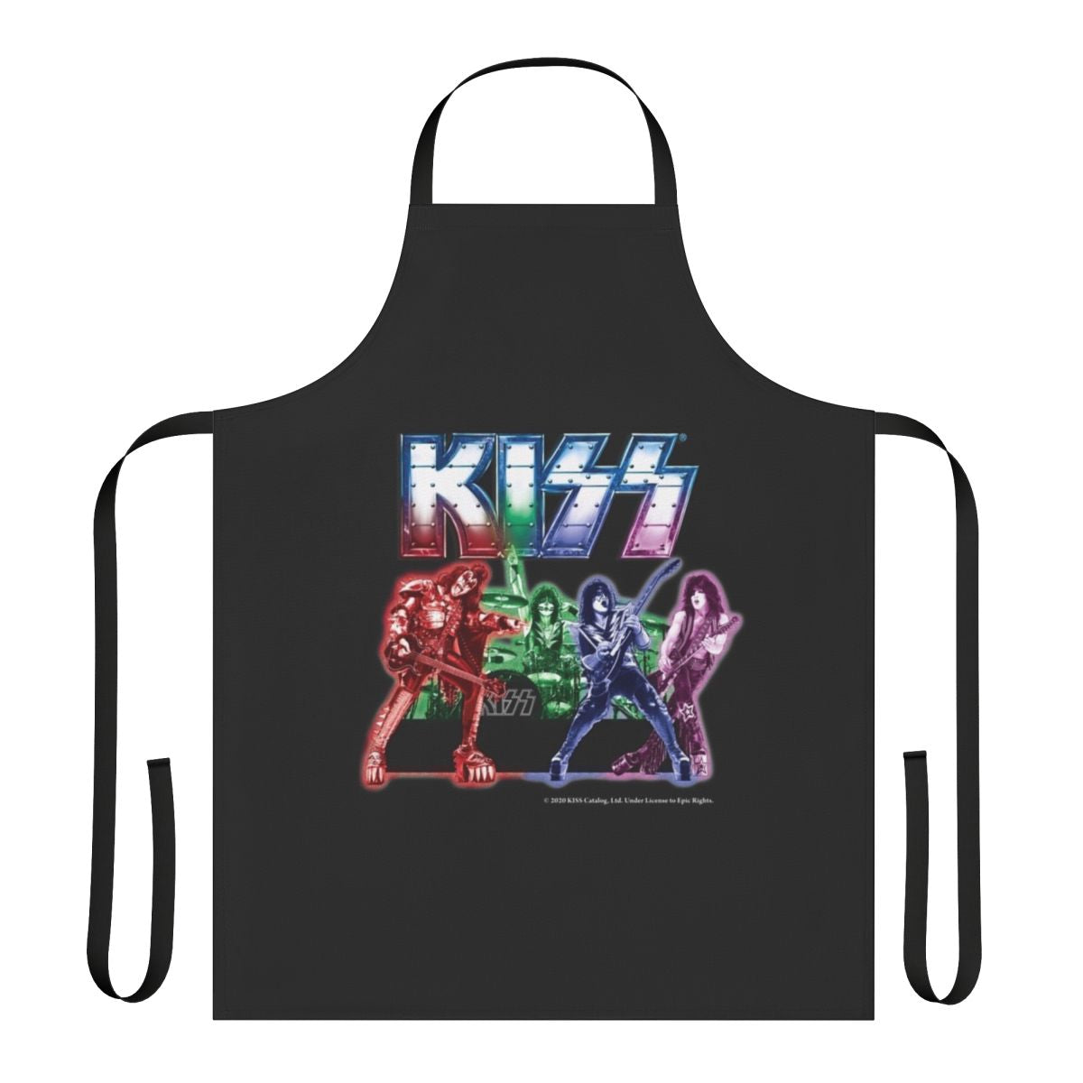 Vibrant apron design featuring iconic Kiss band imagery and symbols