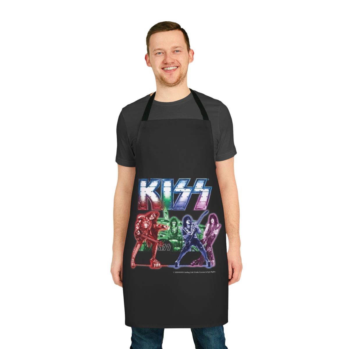 Vibrant apron design featuring iconic Kiss band imagery and symbols