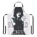 Kiss-themed apron with a white background, featuring the iconic KISS band logo and members.
