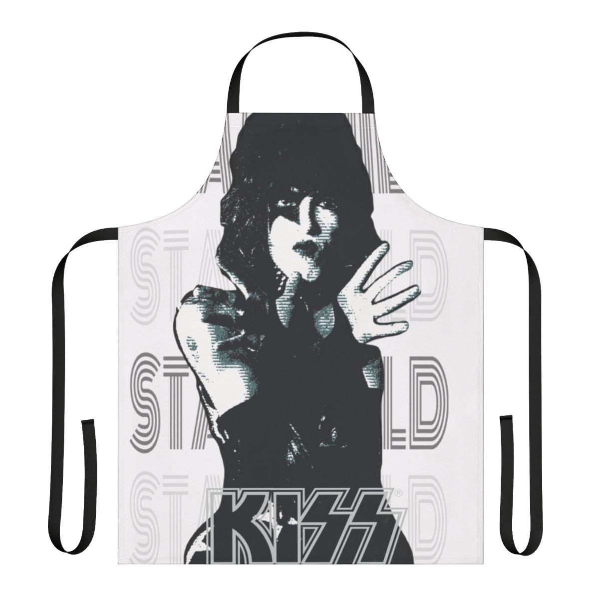 Kiss-themed apron with a white background, featuring the iconic KISS band logo and members.