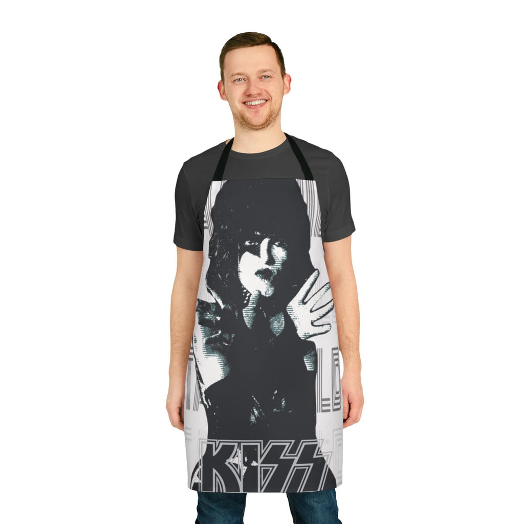 Kiss-themed apron with a white background, featuring the iconic KISS band logo and members.