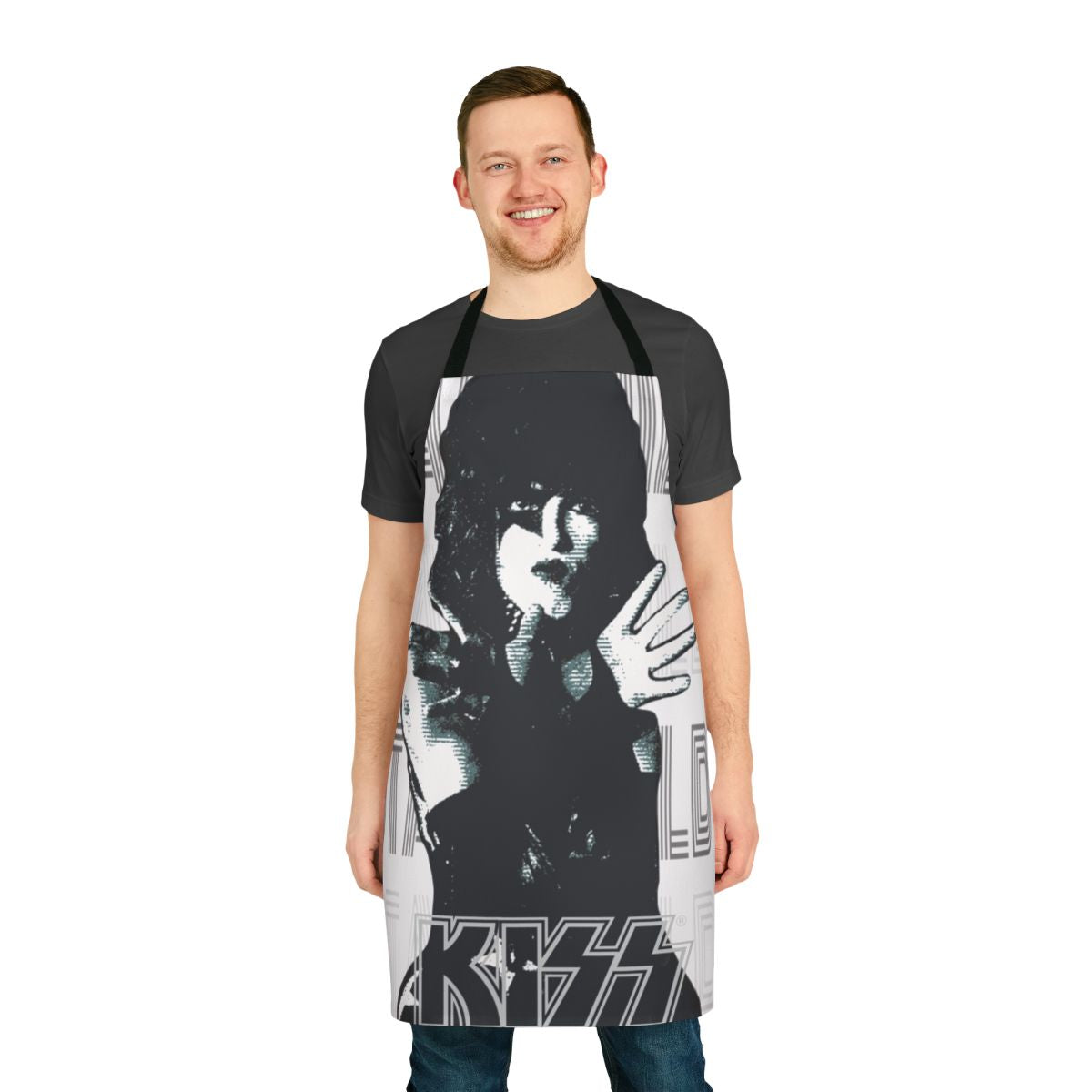 Kiss-themed apron with a white background, featuring the iconic KISS band logo and members.