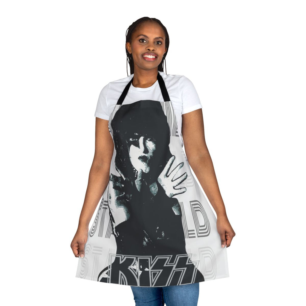 Kiss-themed apron with a white background, featuring the iconic KISS band logo and members.