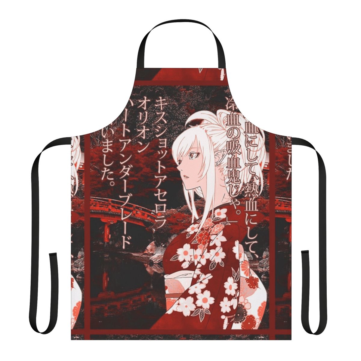 Vibrant red yukata-style apron with "Kiss Shot" text and anime-inspired graphics