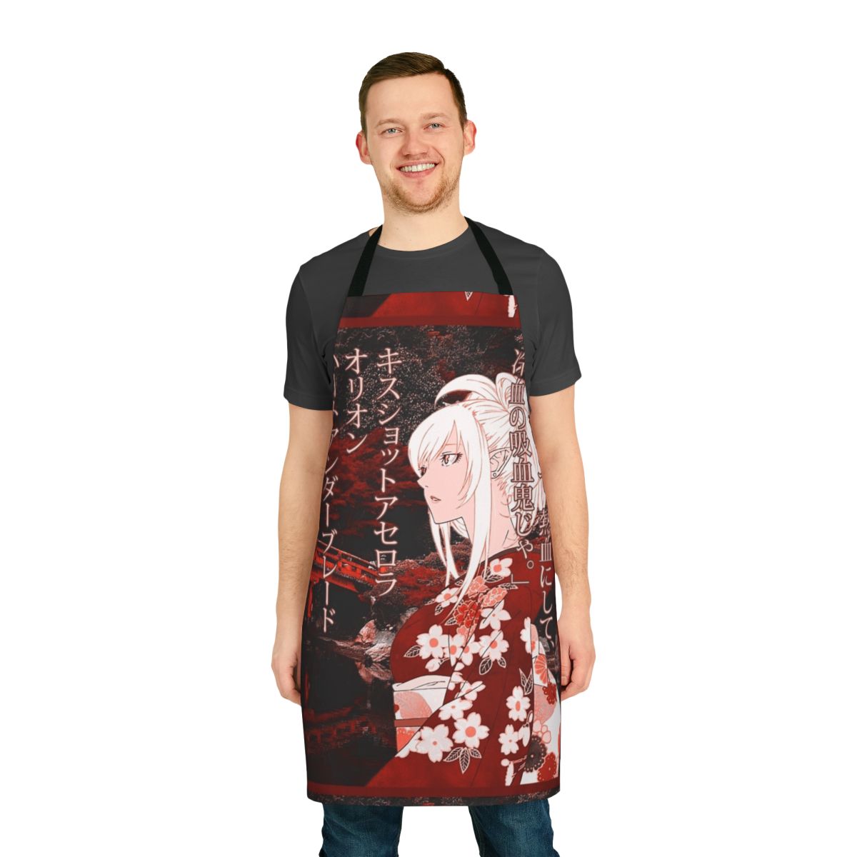 Vibrant red yukata-style apron with "Kiss Shot" text and anime-inspired graphics
