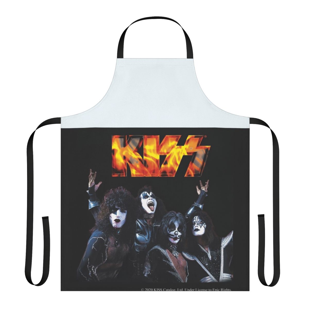 Stylish Kiss the Band inspired apron featuring the iconic Kiss band logo and imagery