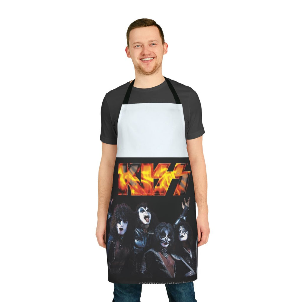 Stylish Kiss the Band inspired apron featuring the iconic Kiss band logo and imagery