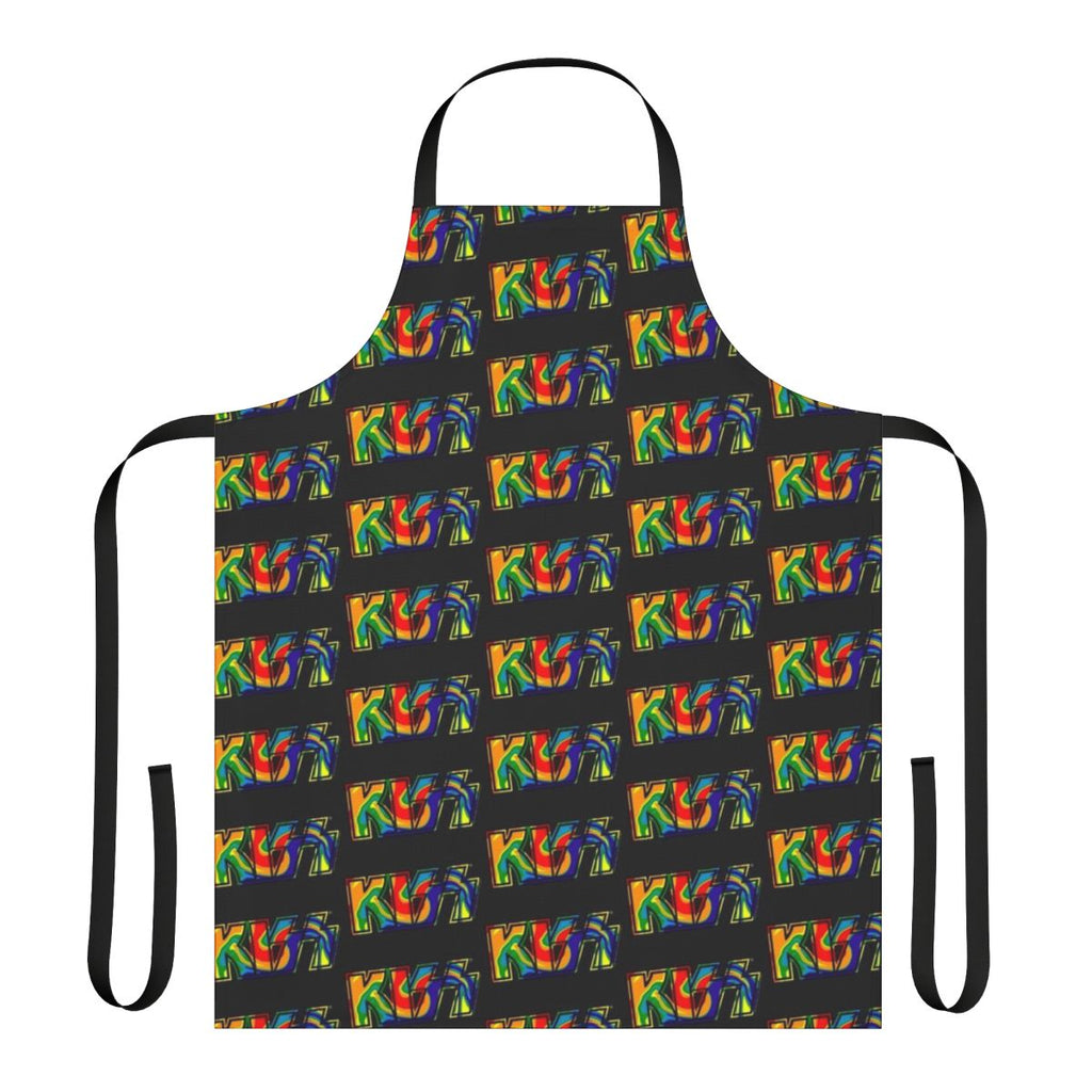 A dark-colored apron featuring a rainbow-tie-dye design and the iconic Kiss band logo