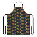 A dark-colored apron featuring a rainbow-tie-dye design and the iconic Kiss band logo