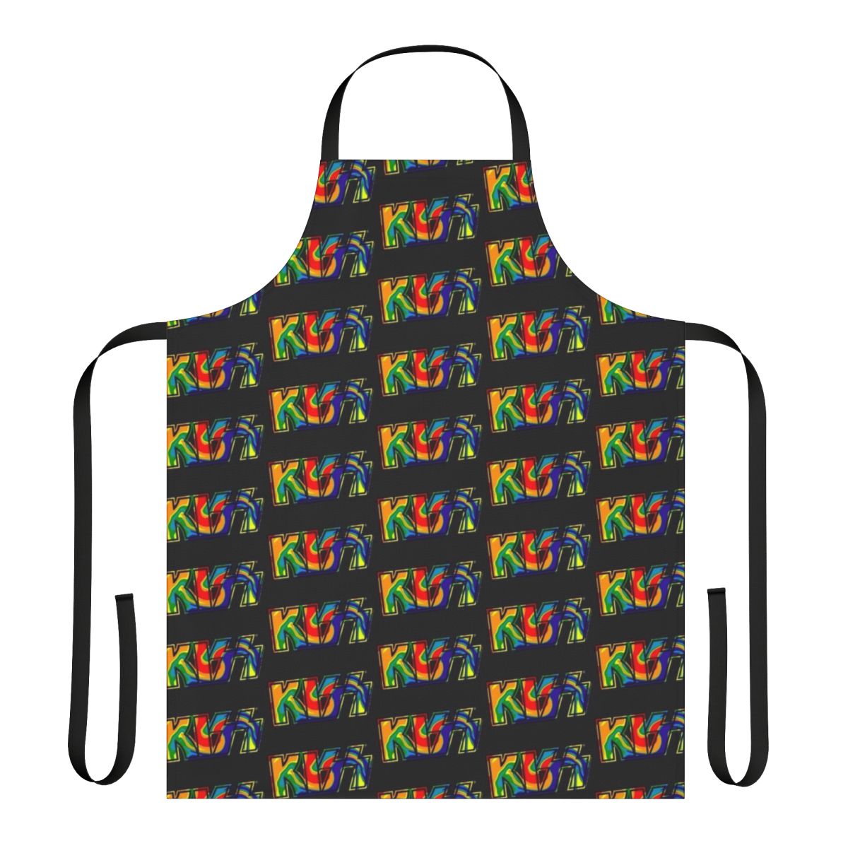 A dark-colored apron featuring a rainbow-tie-dye design and the iconic Kiss band logo