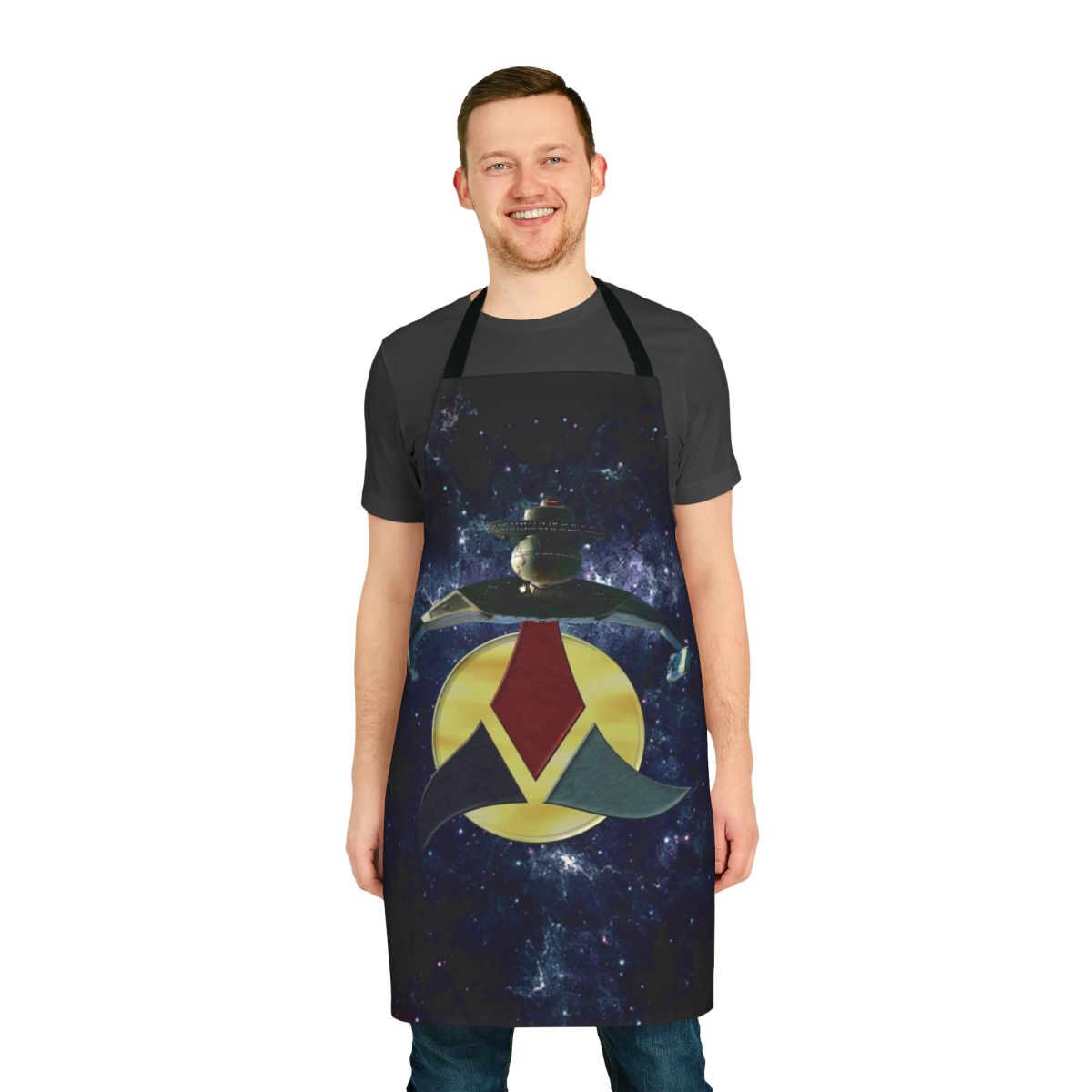 Klingon-inspired apron with the Heart of Virtue symbol