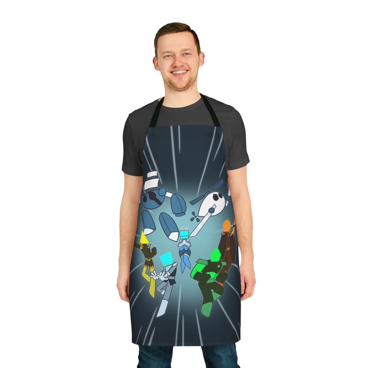 A high-quality apron with a team knights design, perfect for fans of the Just Shapes and Beats game.