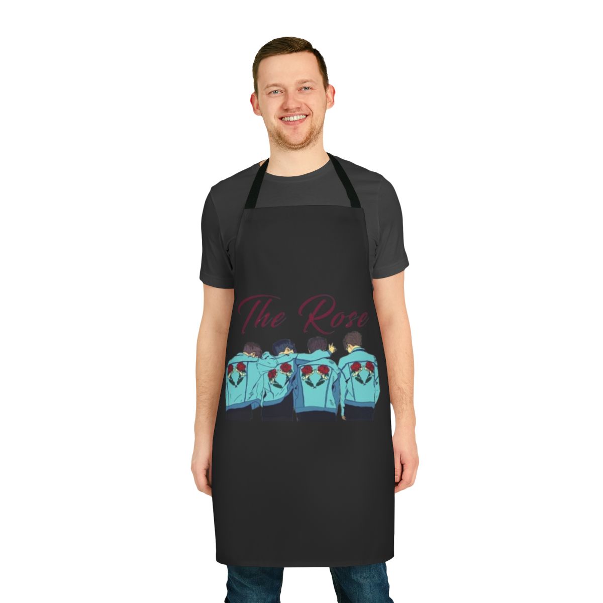 A stylish and durable apron featuring The Rose, a popular Kpop band.