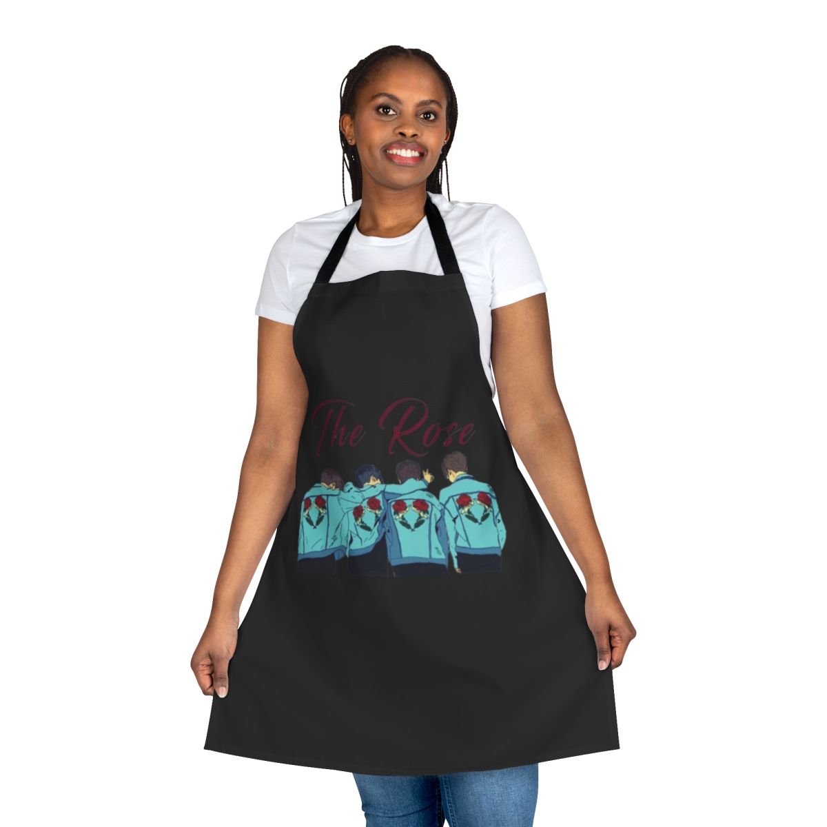 A stylish and durable apron featuring The Rose, a popular Kpop band.