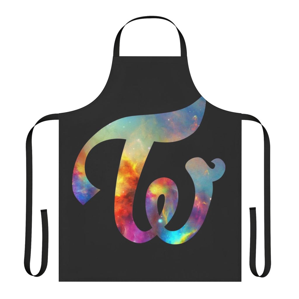 A black apron with a nebula and four circular designs, inspired by Kpop group Twice.