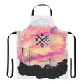 A black apron featuring a blue and white cloud landscape design, perfect for music enthusiasts.