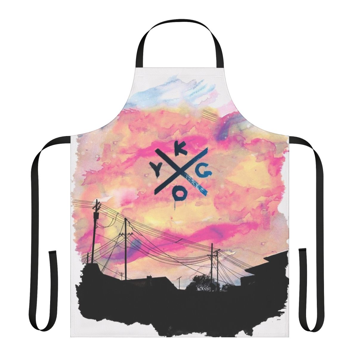 A black apron featuring a blue and white cloud landscape design, perfect for music enthusiasts.