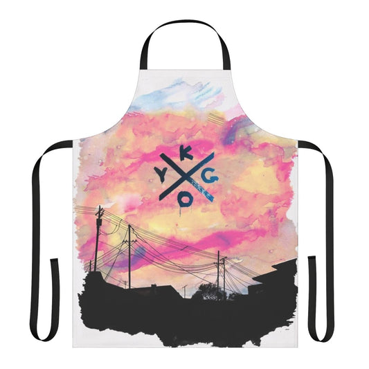 A black apron featuring a blue and white cloud landscape design, perfect for music enthusiasts.