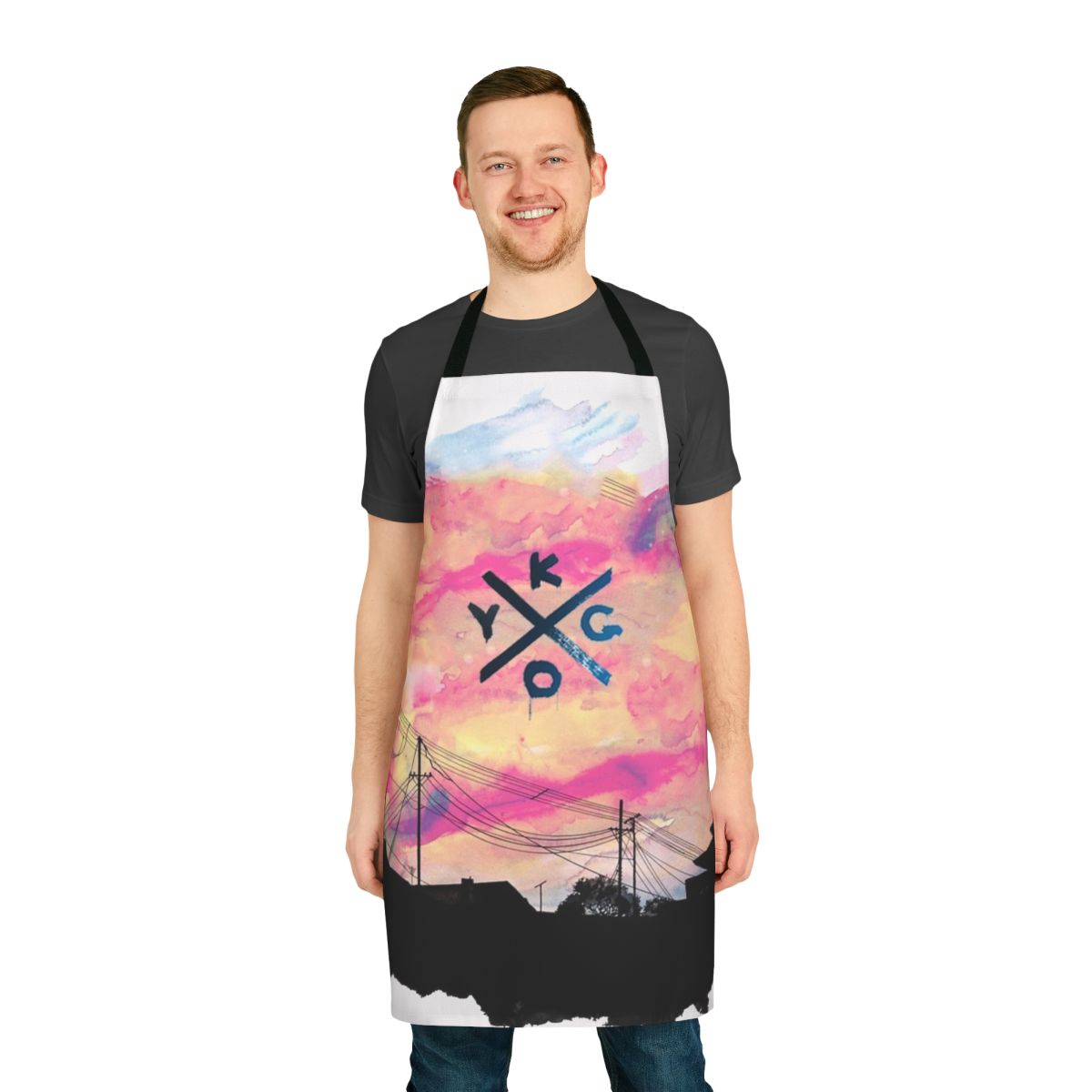 A black apron featuring a blue and white cloud landscape design, perfect for music enthusiasts.