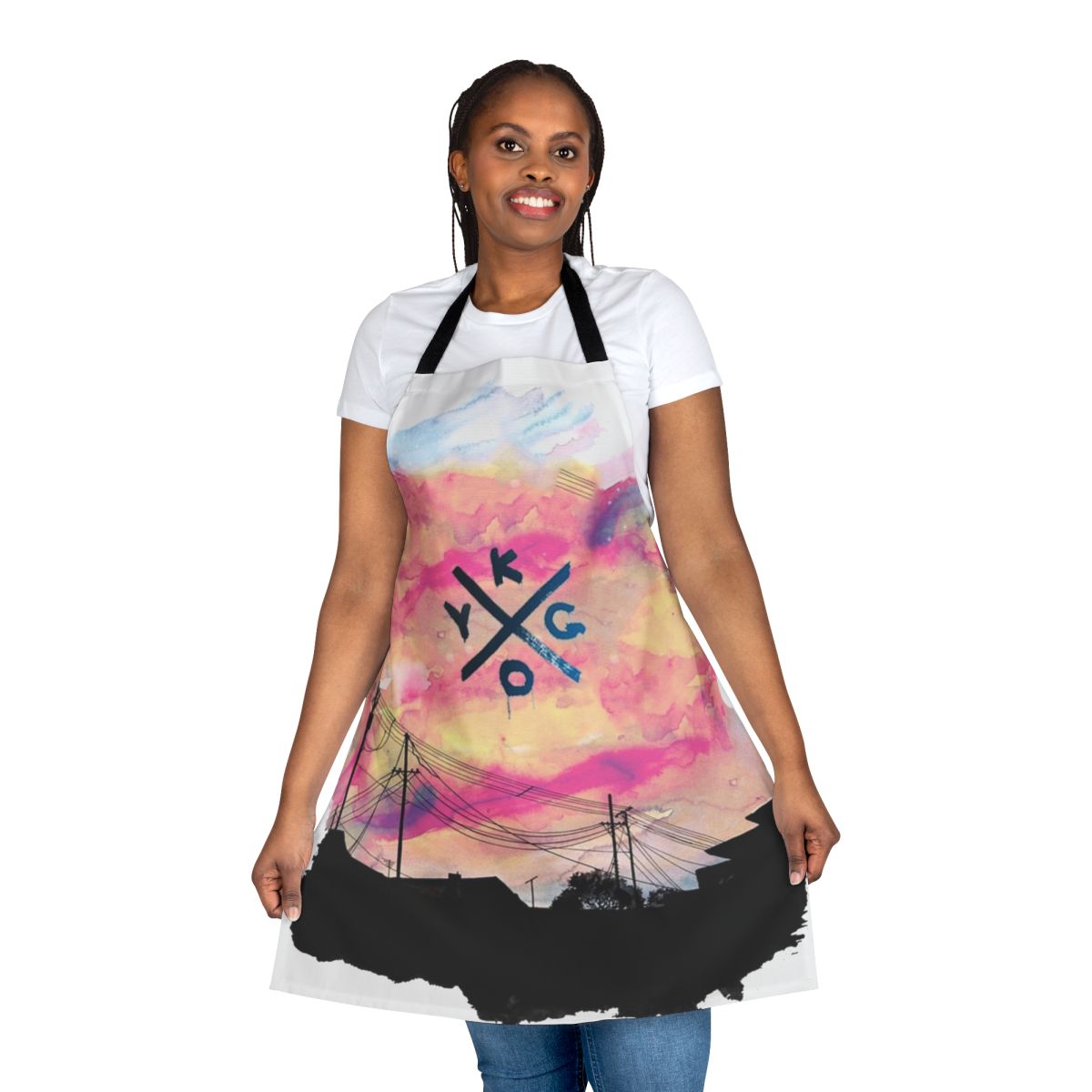 A black apron featuring a blue and white cloud landscape design, perfect for music enthusiasts.