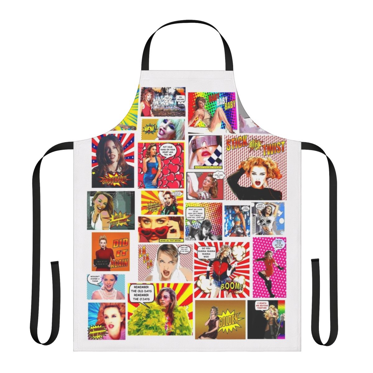 Colorful apron featuring a bold design inspired by pop singer Kylie Minogue