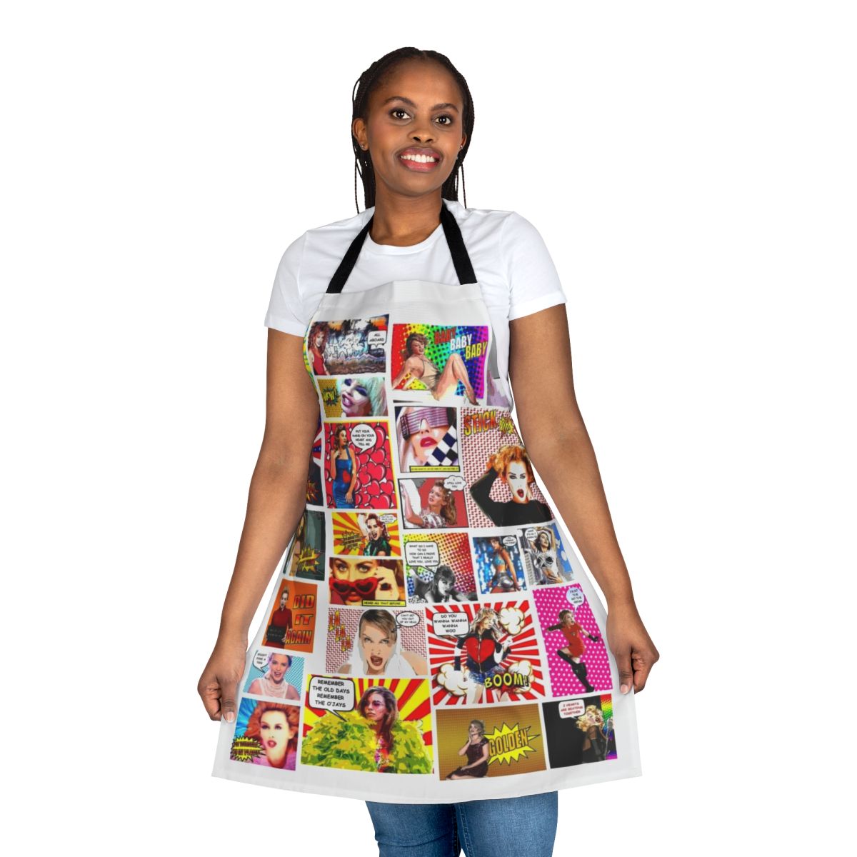 Colorful apron featuring a bold design inspired by pop singer Kylie Minogue