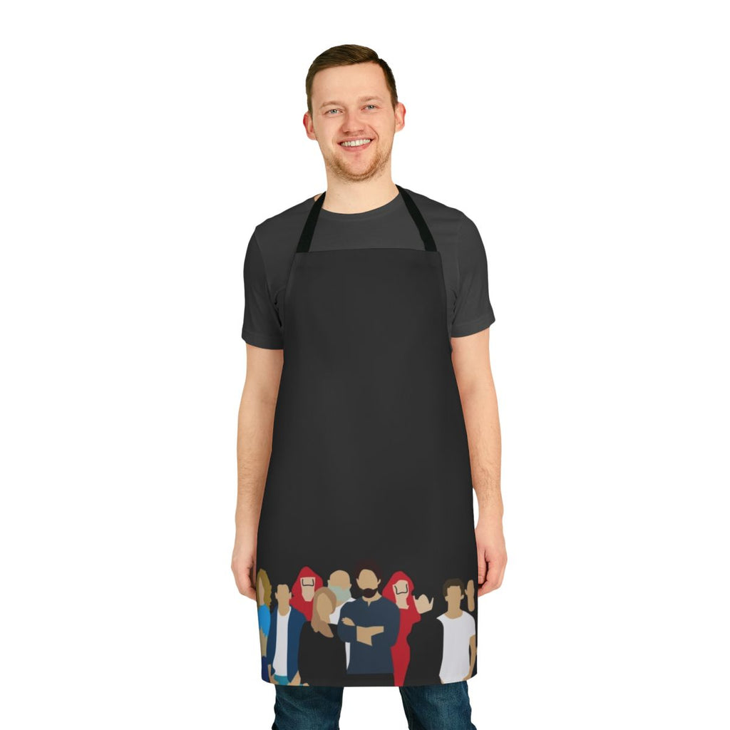 La Casa de Papel inspired apron featuring the show's iconic characters and logo
